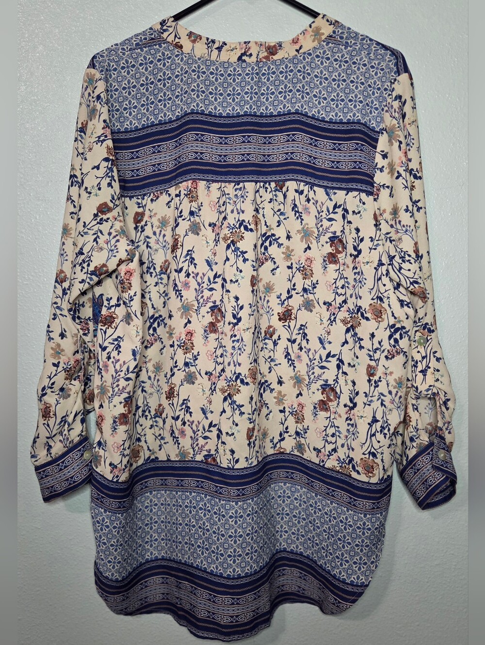 Fig & Flower Boho Paisley Floral Button Up Tunic Blouse-Roll Tab Sleeve-Size Lg - Picture 3 of 11